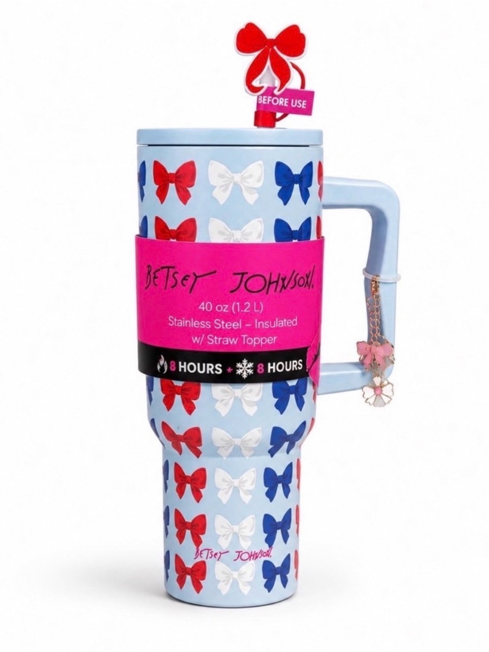 Betsey Johnson nwt Light Blue 40oz Tumbler with Red, White & Blue Bows patriotic